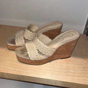 Woman’s crochet 4” wedge open toed heels.